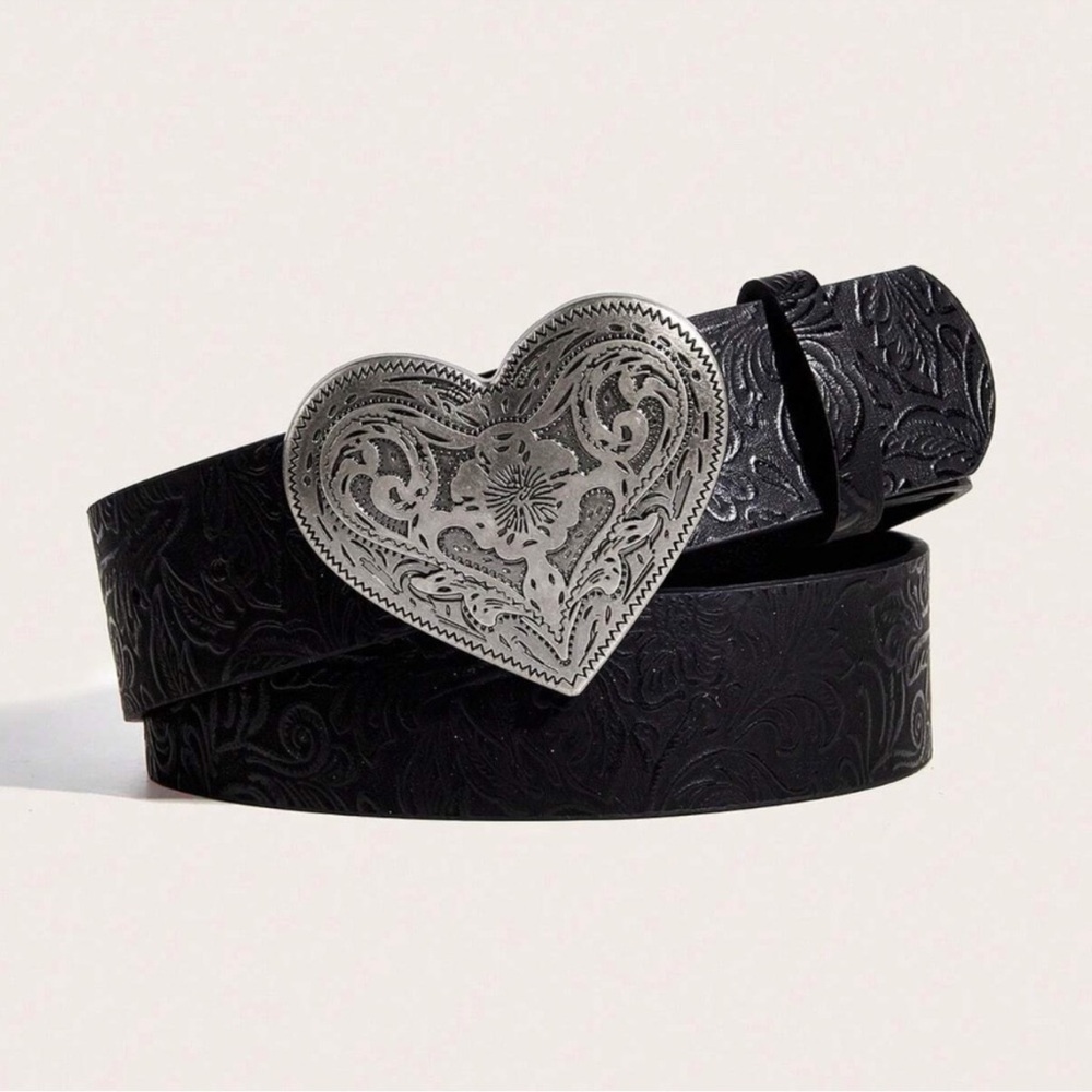 Luxe Black Vegan Leather Vintage Look heart Buckle Belt S M L XL